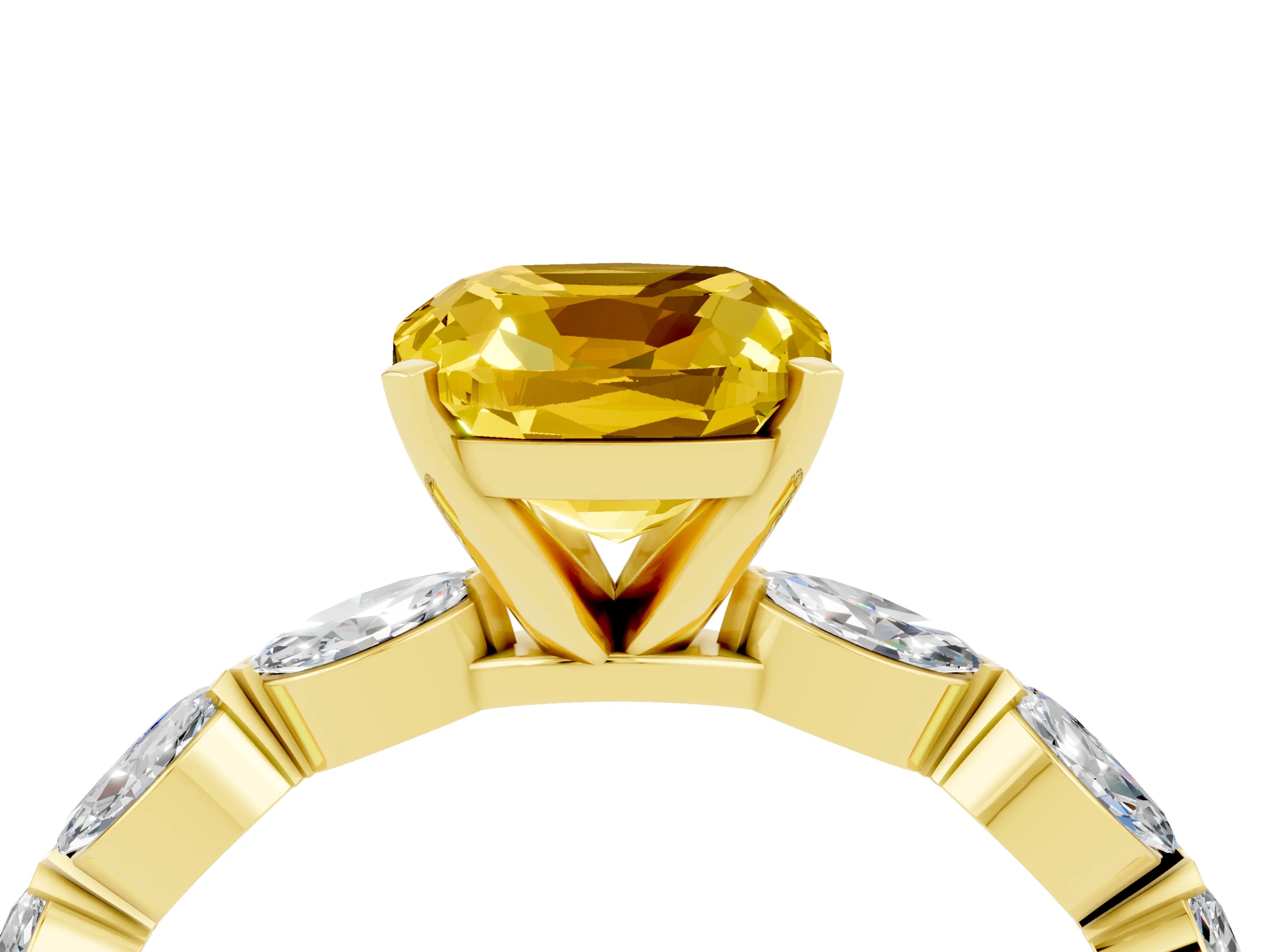 Yellow gold Cushion Cut Yellow Sapphire Ring with Marquise Side Stones and Prong Setting_16