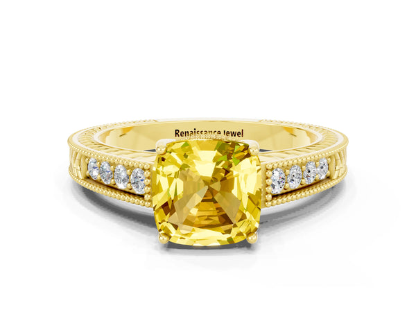 Yellow gold Cushion Cut Yellow Sapphire Ring with Milgrain Pavé Band and Four-Prong Setting