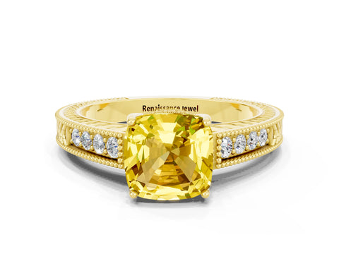 Yellow gold Cushion Cut Yellow Sapphire Ring with Milgrain Pavé Band and Four-Prong Setting_36