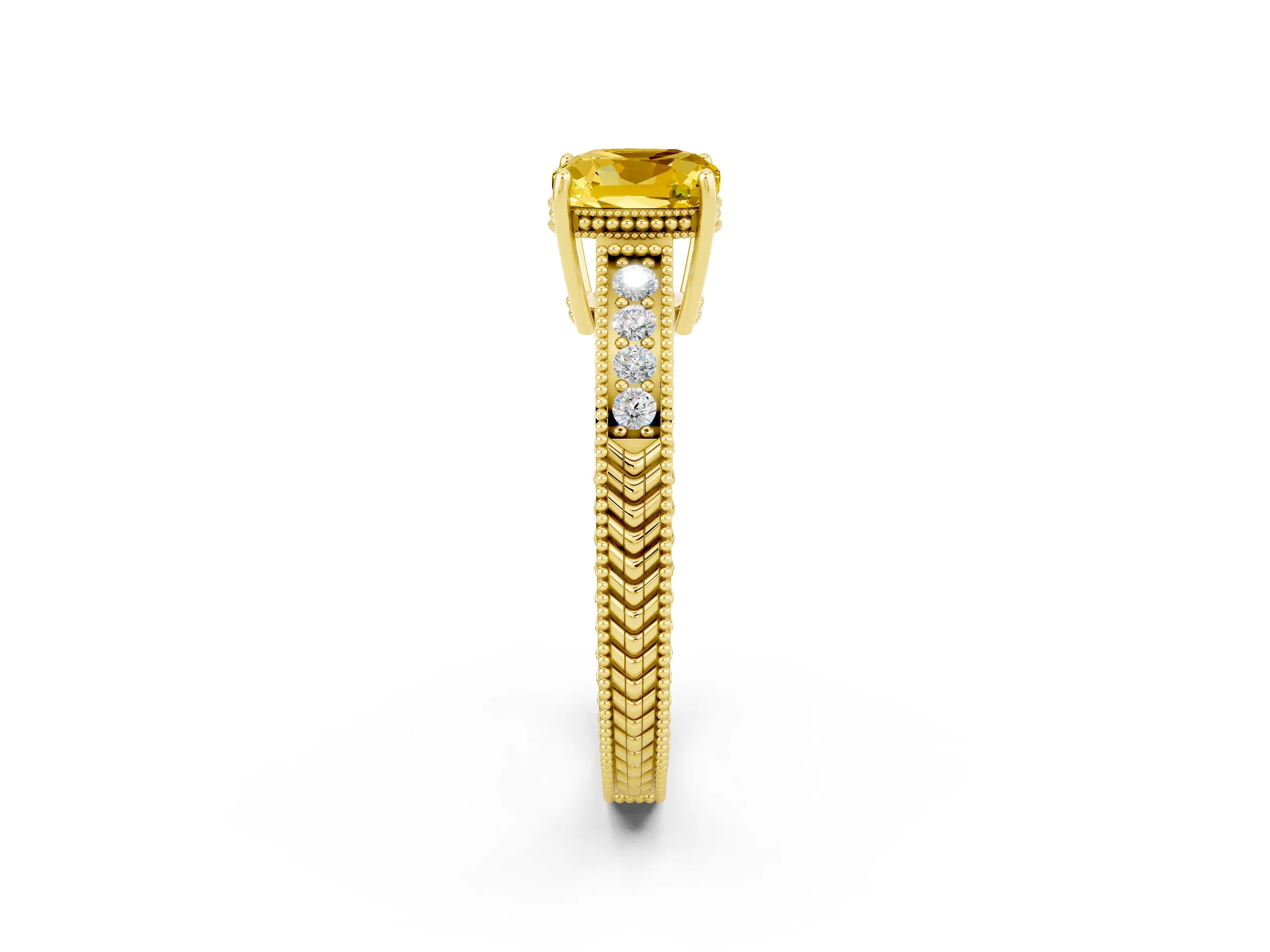 Yellow gold Cushion Cut Yellow Sapphire Ring with Milgrain Pavé Band and Four-Prong Setting_38
