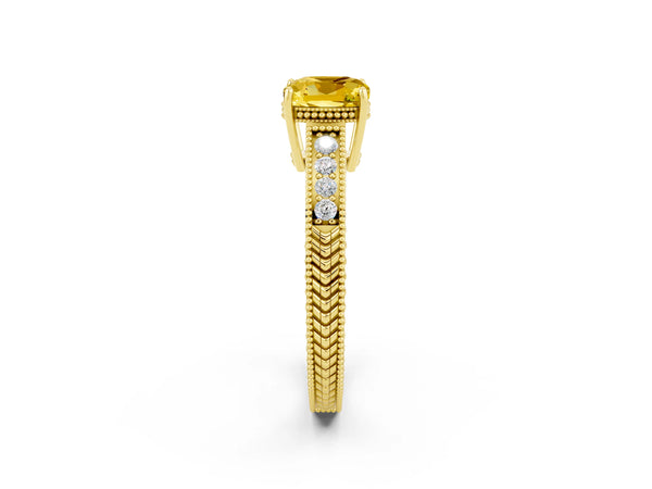 Yellow gold Cushion Cut Yellow Sapphire Ring with Milgrain Pavé Band and Four-Prong Setting