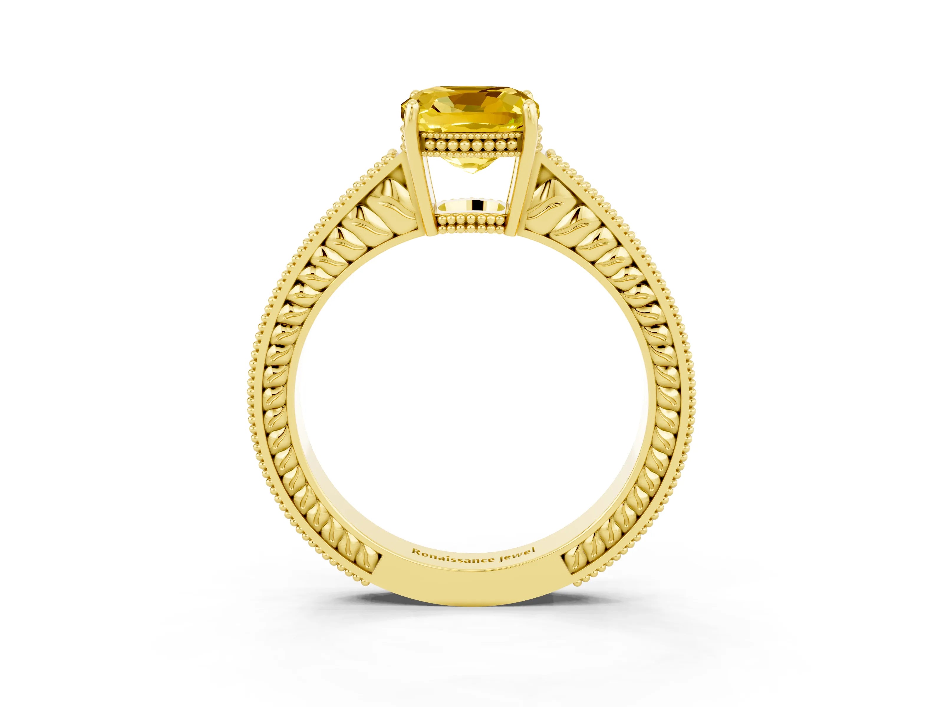 Yellow gold Cushion Cut Yellow Sapphire Ring with Milgrain Pavé Band and Four-Prong Setting_39
