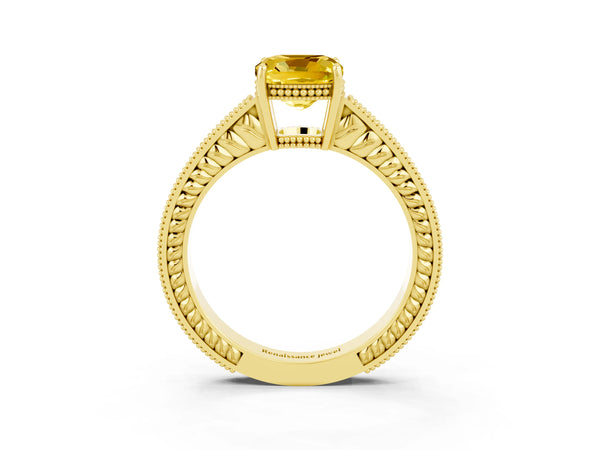 Yellow gold Cushion Cut Yellow Sapphire Ring with Milgrain Pavé Band and Four-Prong Setting