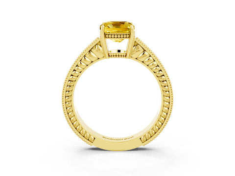Yellow gold Cushion Cut Yellow Sapphire Ring with Milgrain Pavé Band and Four-Prong Setting_39
