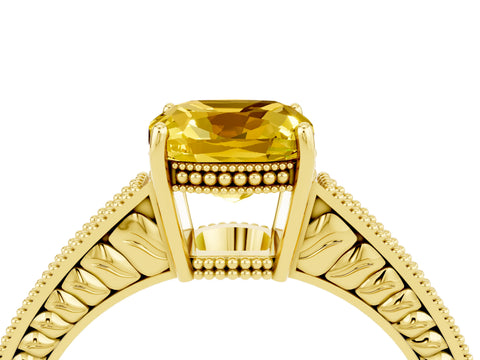 Yellow gold Cushion Cut Yellow Sapphire Ring with Milgrain Pavé Band and Four-Prong Setting_40