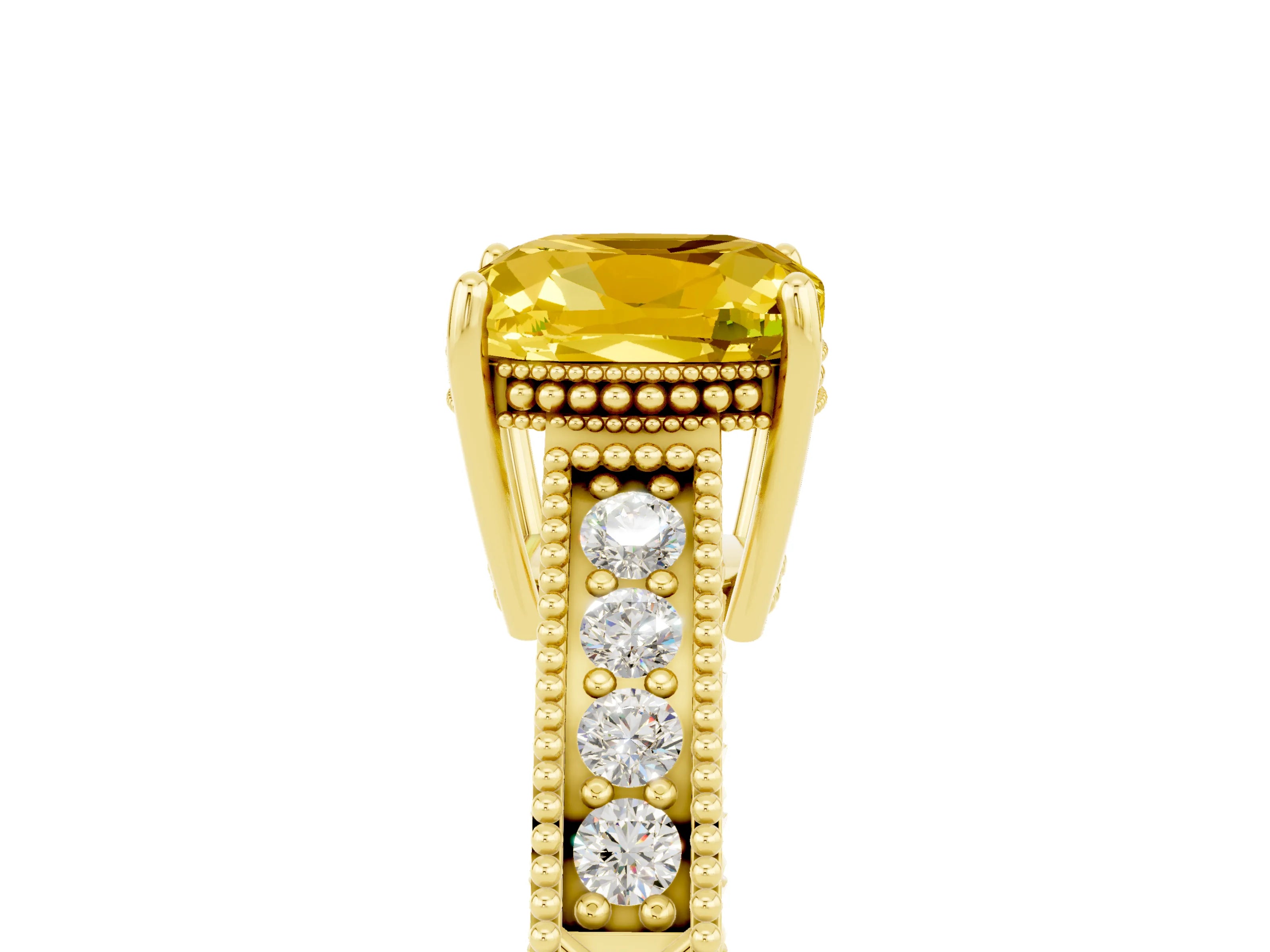 Yellow gold Cushion Cut Yellow Sapphire Ring with Milgrain Pavé Band and Four-Prong Setting_41