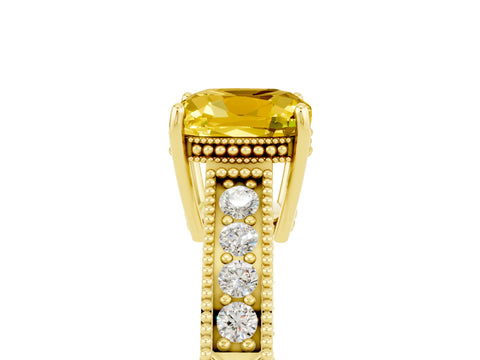 Yellow gold Cushion Cut Yellow Sapphire Ring with Milgrain Pavé Band and Four-Prong Setting_41