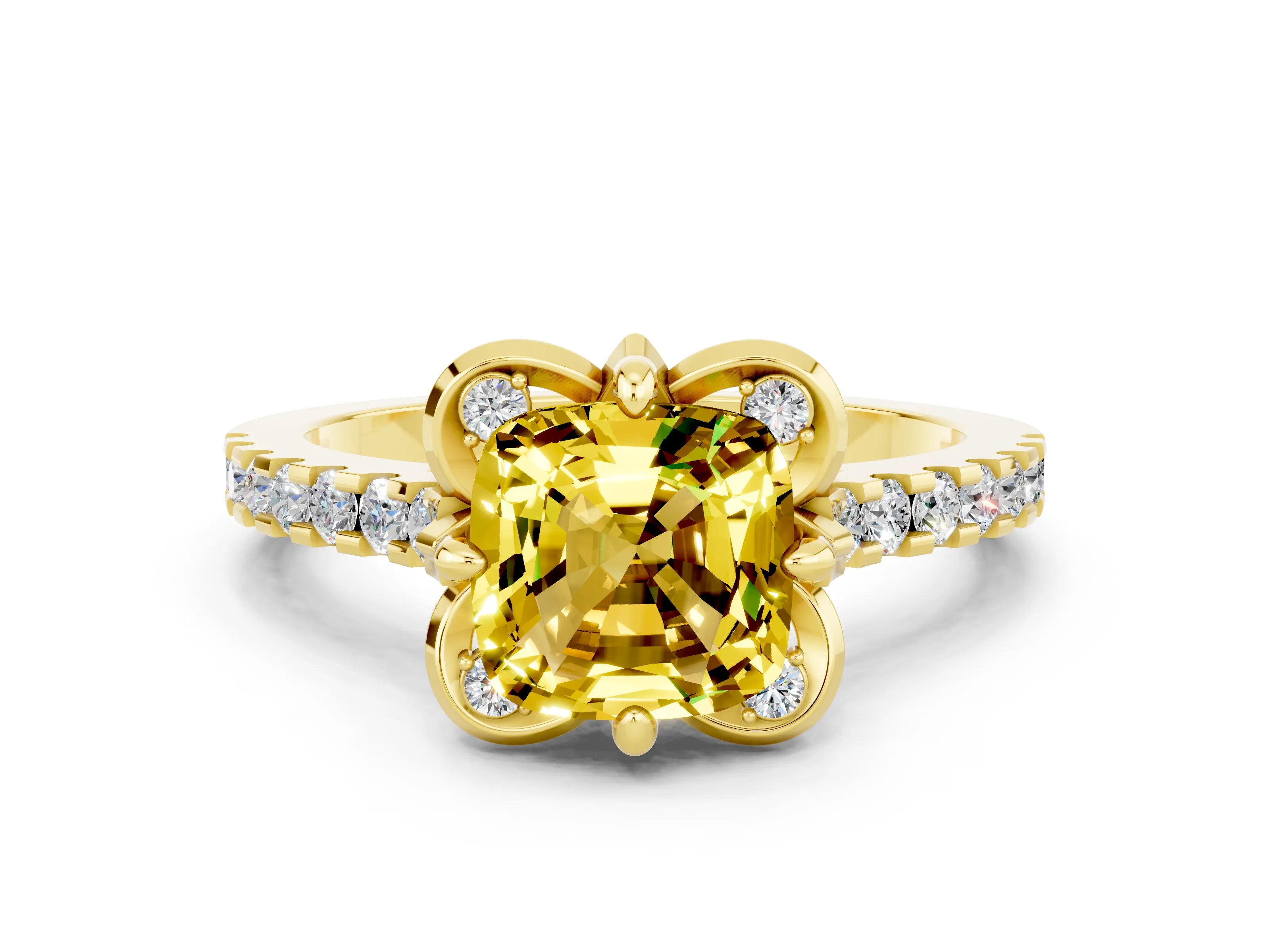 Yellow gold Cushion Cut Yellow Sapphire Ring with Pavé Band and Floral Prong Setting