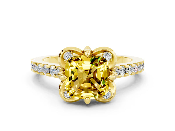 Yellow gold Cushion Cut Yellow Sapphire Ring with Pavé Band and Floral Prong Setting