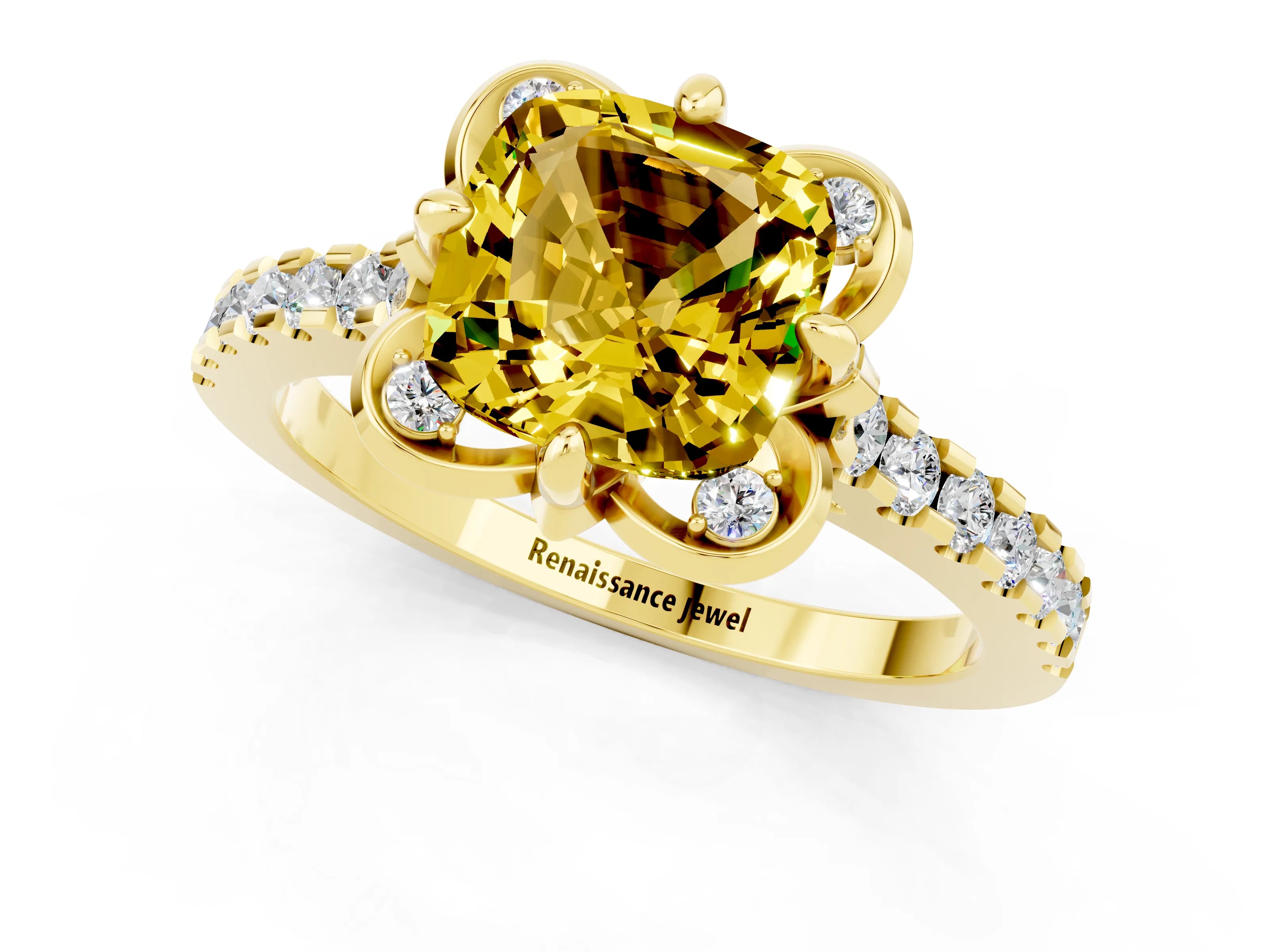 Yellow gold Cushion Cut Yellow Sapphire Ring with Pavé Band and Floral Prong Setting_1