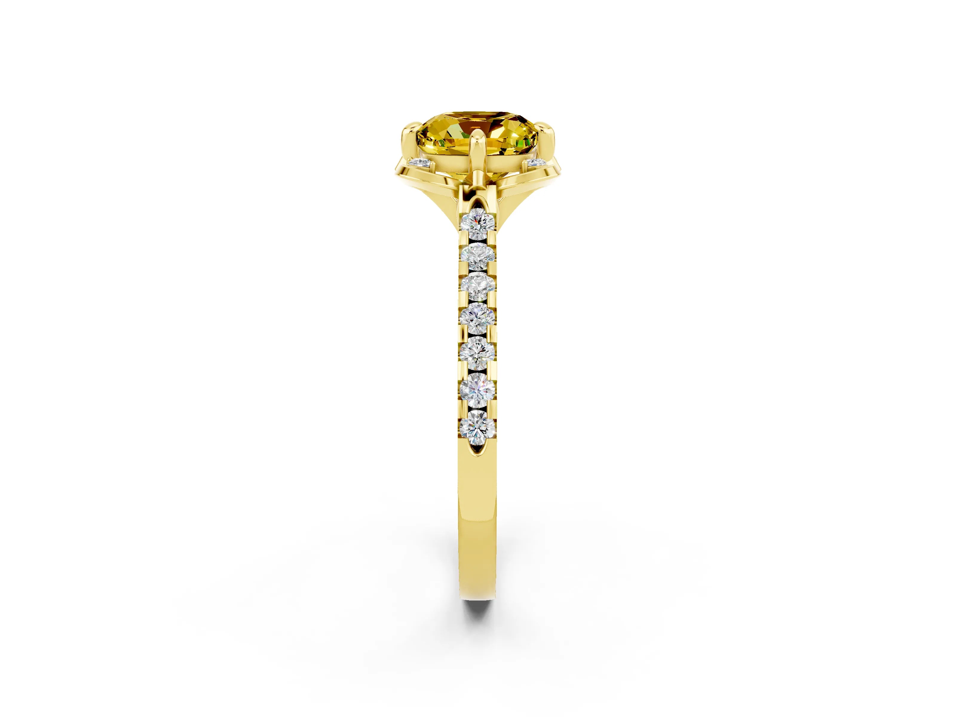 Yellow gold Cushion Cut Yellow Sapphire Ring with Pavé Band and Floral Prong Setting_2