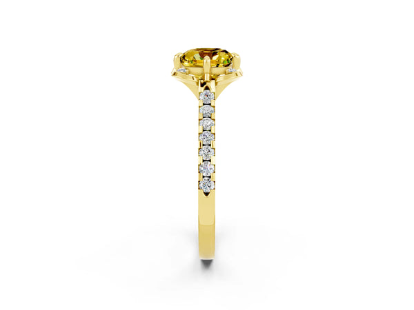 Yellow gold Cushion Cut Yellow Sapphire Ring with Pavé Band and Floral Prong Setting