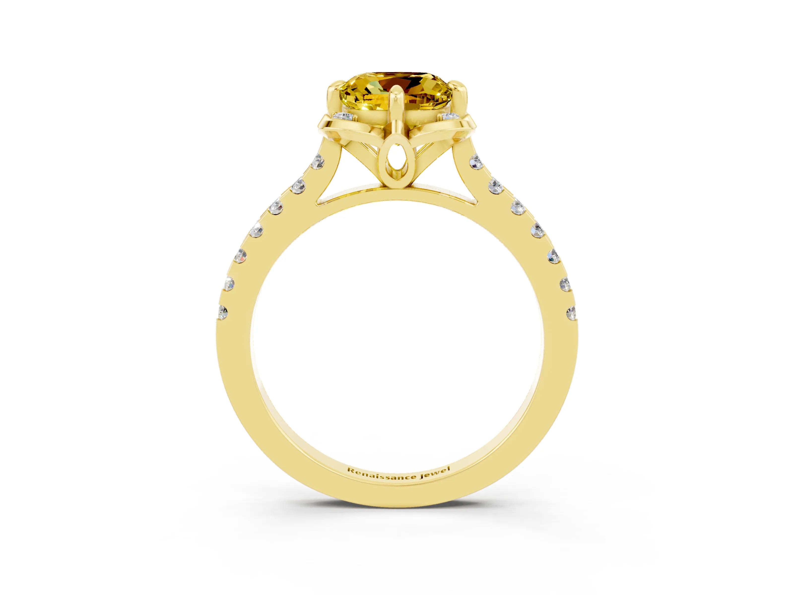 Yellow gold Cushion Cut Yellow Sapphire Ring with Pavé Band and Floral Prong Setting_3