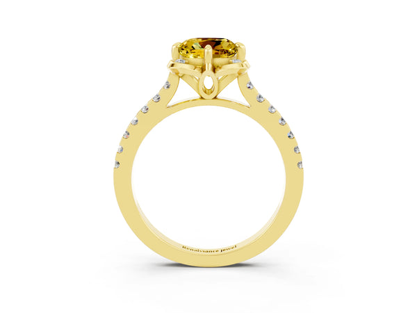 Yellow gold Cushion Cut Yellow Sapphire Ring with Pavé Band and Floral Prong Setting