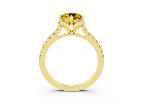 Yellow gold Cushion Cut Yellow Sapphire Ring with Pavé Band and Floral Prong Setting_3