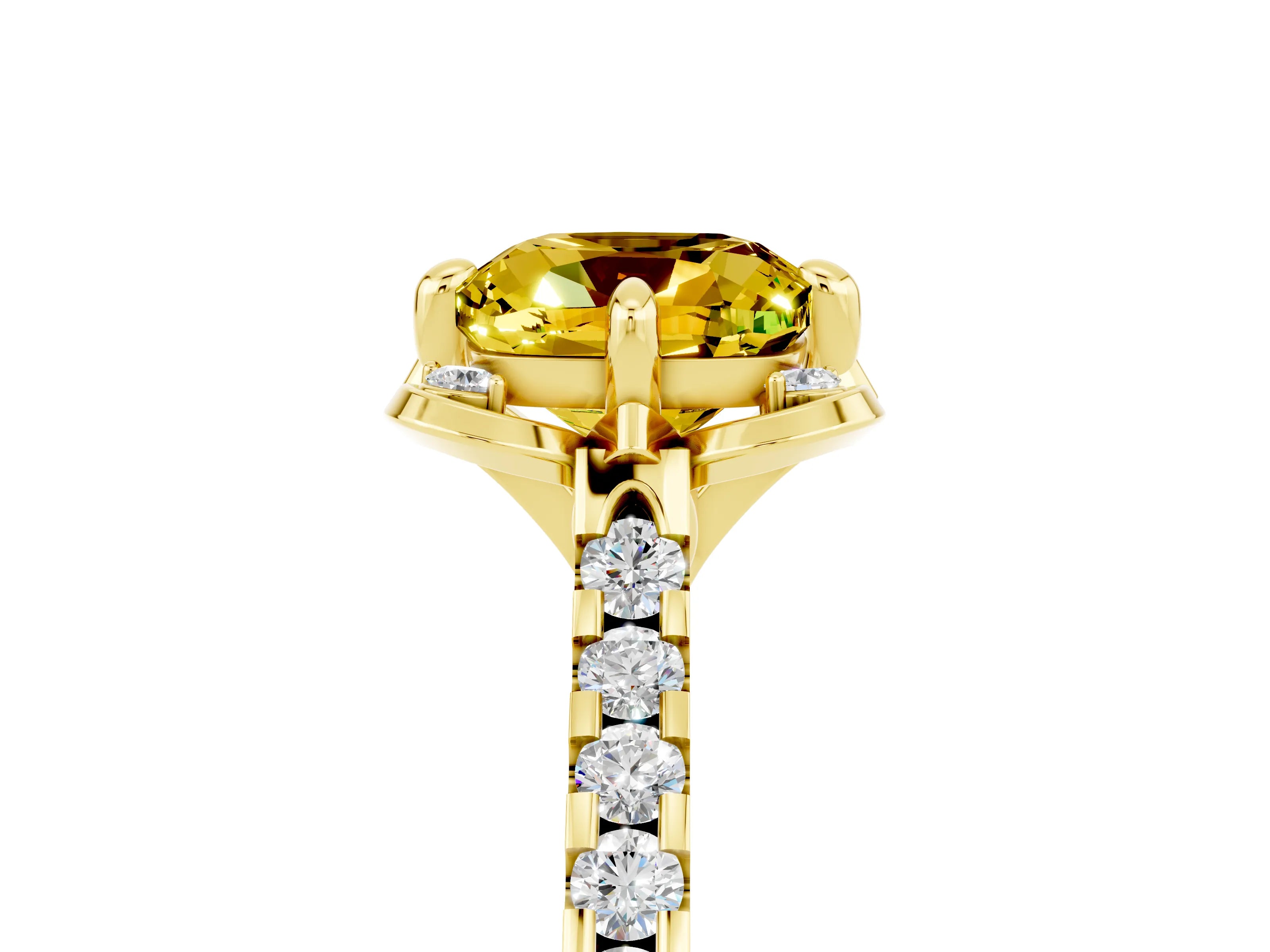 Yellow gold Cushion Cut Yellow Sapphire Ring with Pavé Band and Floral Prong Setting_5