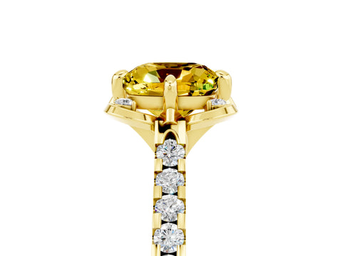 Yellow gold Cushion Cut Yellow Sapphire Ring with Pavé Band and Floral Prong Setting_5