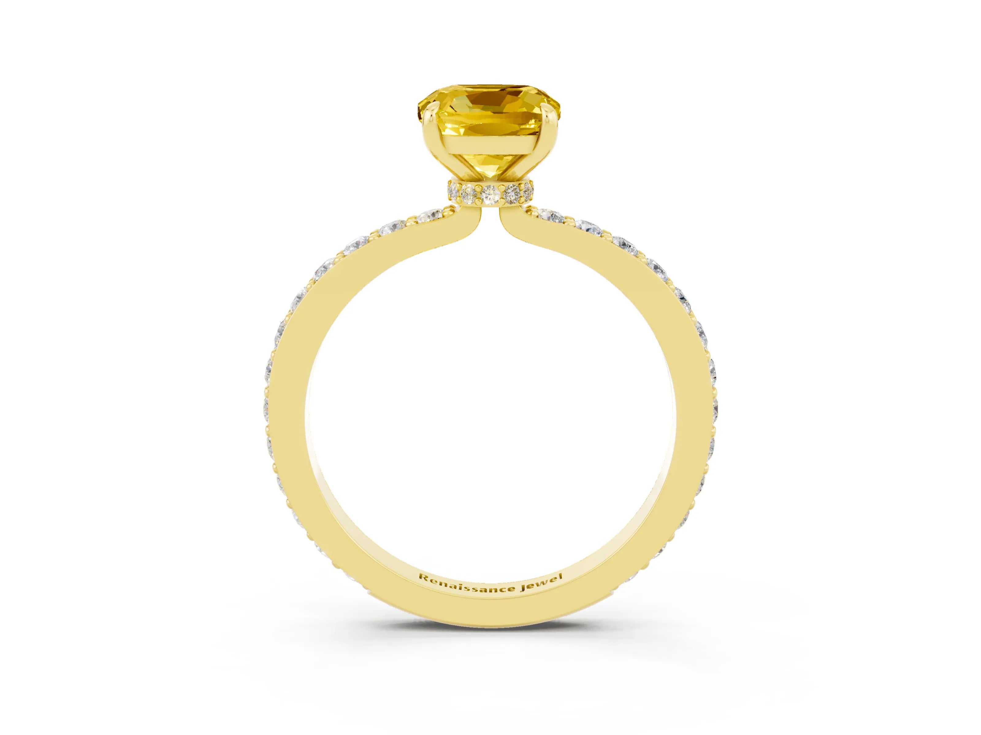 Yellow gold Cushion Cut Yellow Sapphire Ring with Pavé Band and Four-Prong Setting_27