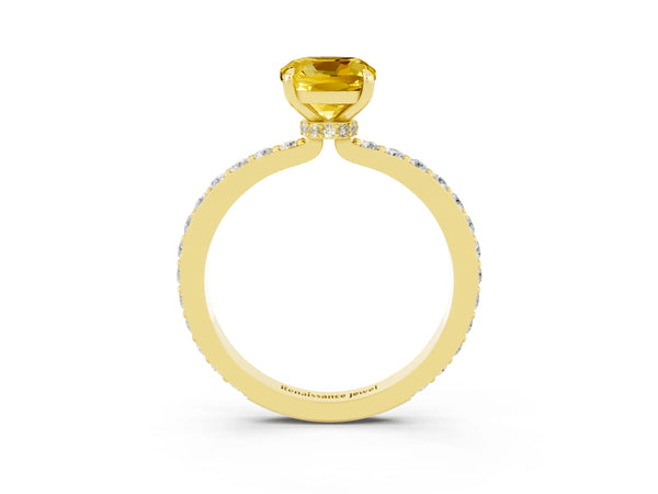 Yellow gold Cushion Cut Yellow Sapphire Pavé Engagement Ring with Round  Accents and Prong Setting
