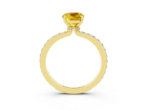 Yellow gold Cushion Cut Yellow Sapphire Ring with Pavé Band and Four-Prong Setting_27