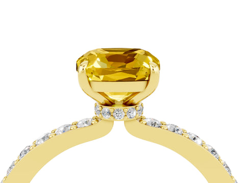 Yellow gold Cushion Cut Yellow Sapphire Ring with Pavé Band and Four-Prong Setting_28