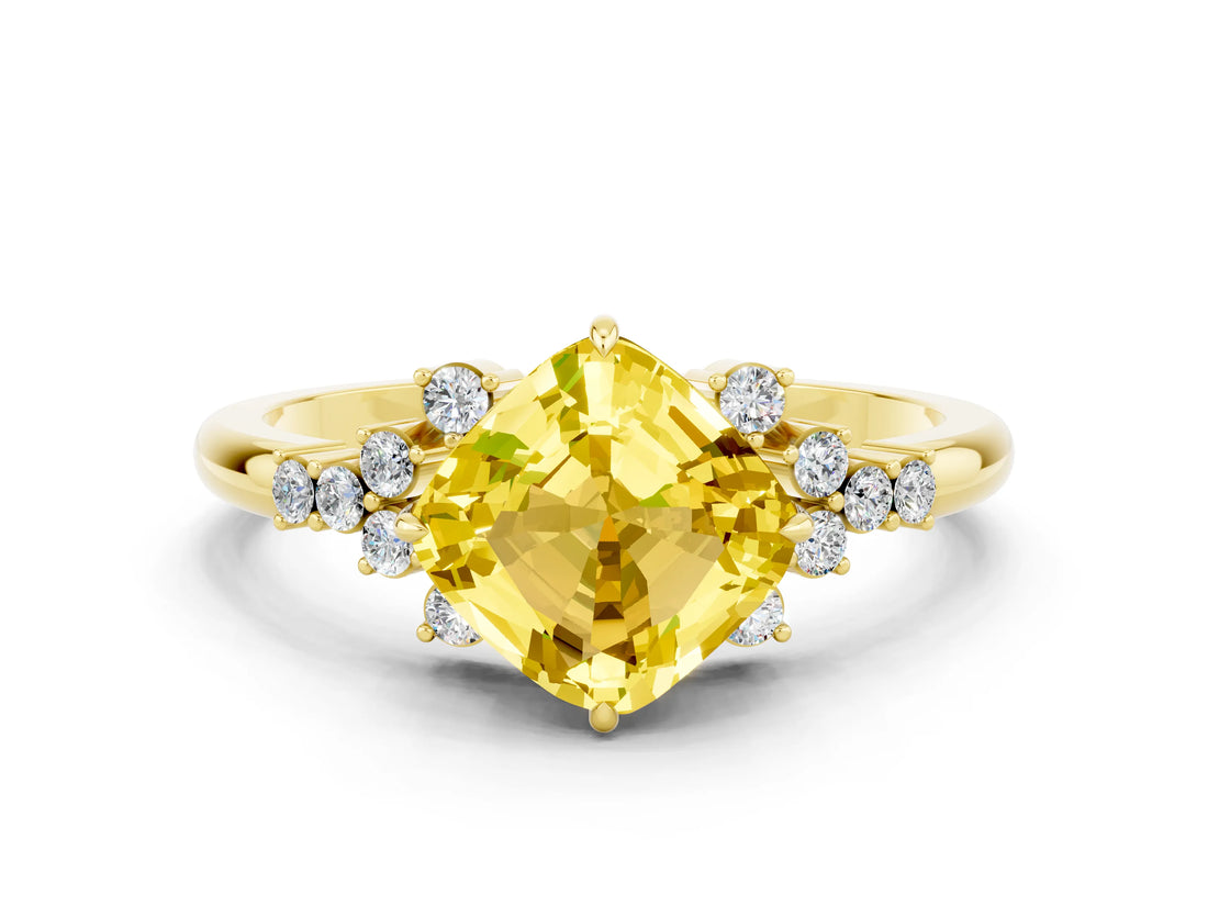Yellow gold Cushion Cut Yellow Sapphire Ring with Side Stones and Four-Prong Setting_60