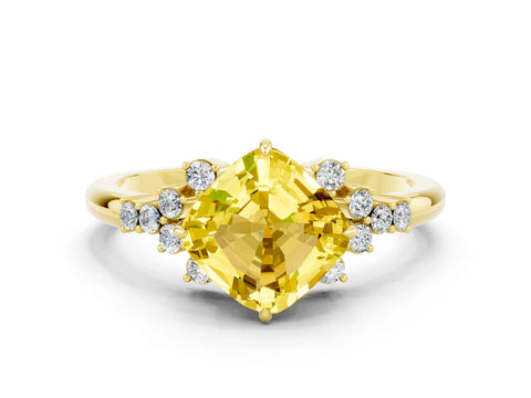 Yellow gold Cushion Cut Yellow Sapphire Ring with Side Stones and Four-Prong Setting_60