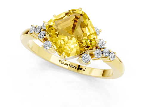 Yellow gold Cushion Cut Yellow Sapphire Ring with Side Stones and Four-Prong Setting_61