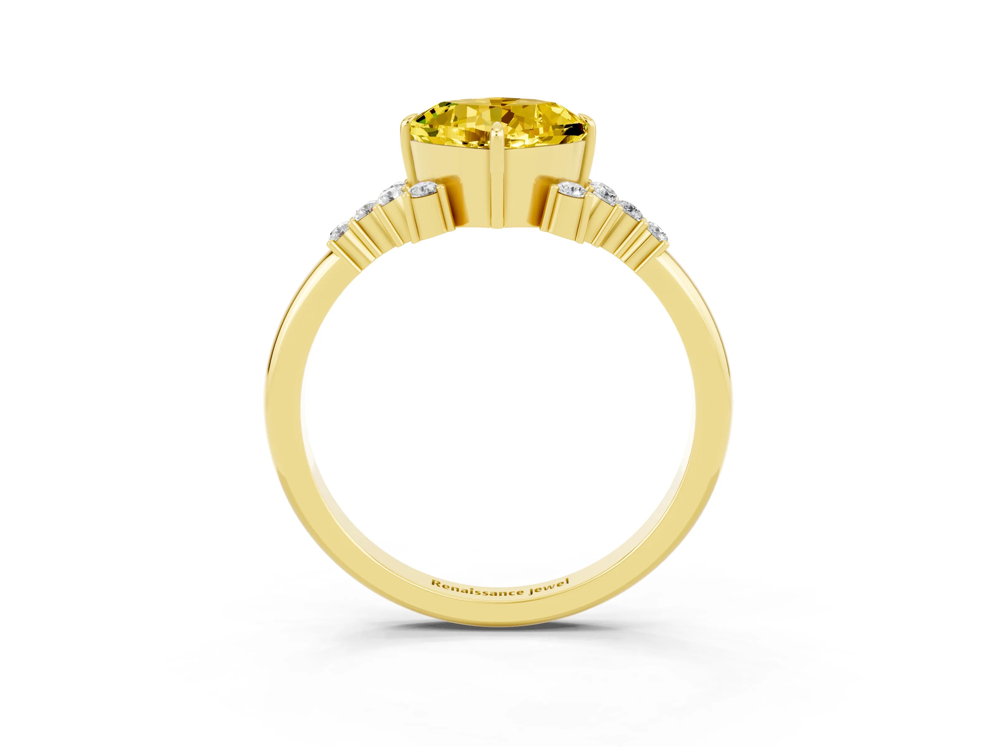 Yellow gold Cushion Cut Yellow Sapphire Ring with Side Stones and Four-Prong Setting_63