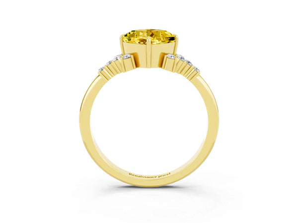 Yellow gold Cushion Cut Yellow Sapphire Ring with Side Stones and Four-Prong Setting