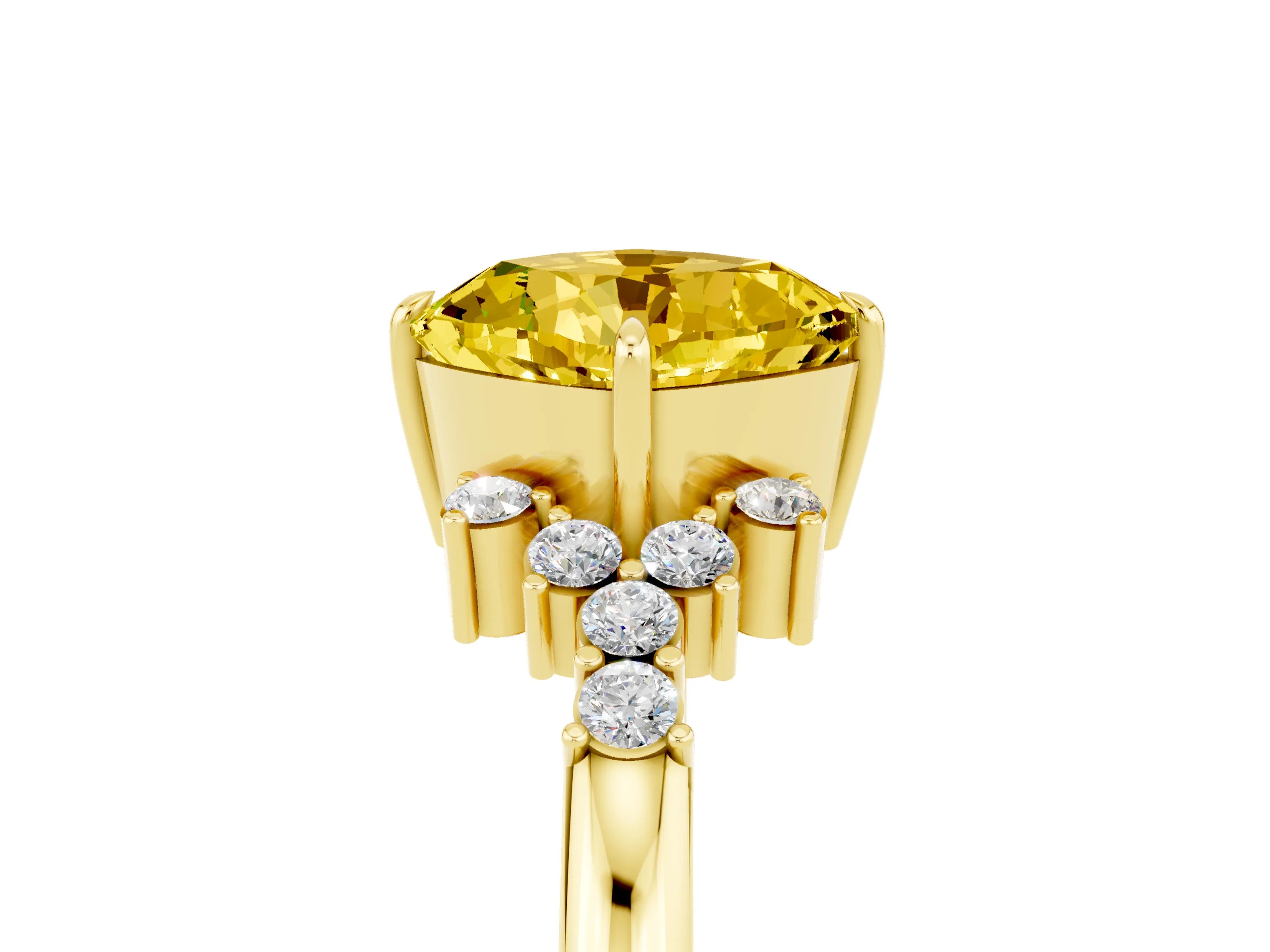 Yellow gold Cushion Cut Yellow Sapphire Ring with Side Stones and Four-Prong Setting_65