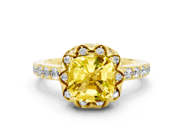 Yellow gold Cushion Cut Yellow Sapphire Scalloped Halo Engagement Ring with Round Shared Prong Band