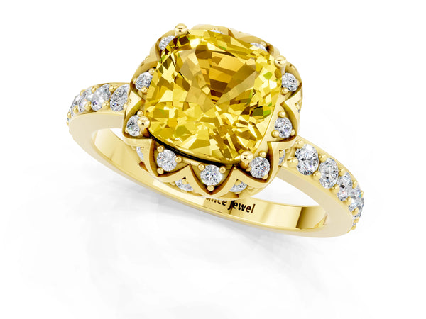 Yellow gold Cushion Cut Yellow Sapphire Scalloped Halo Engagement Ring with Round Shared Prong Band
