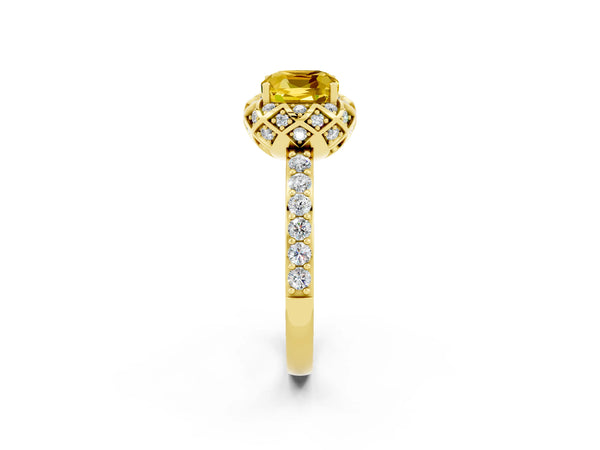 Yellow gold Cushion Cut Yellow Sapphire Scalloped Halo Engagement Ring with Round Shared Prong Band