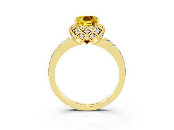 Yellow gold Cushion Cut Yellow Sapphire Scalloped Halo Engagement Ring with Round Shared Prong Band