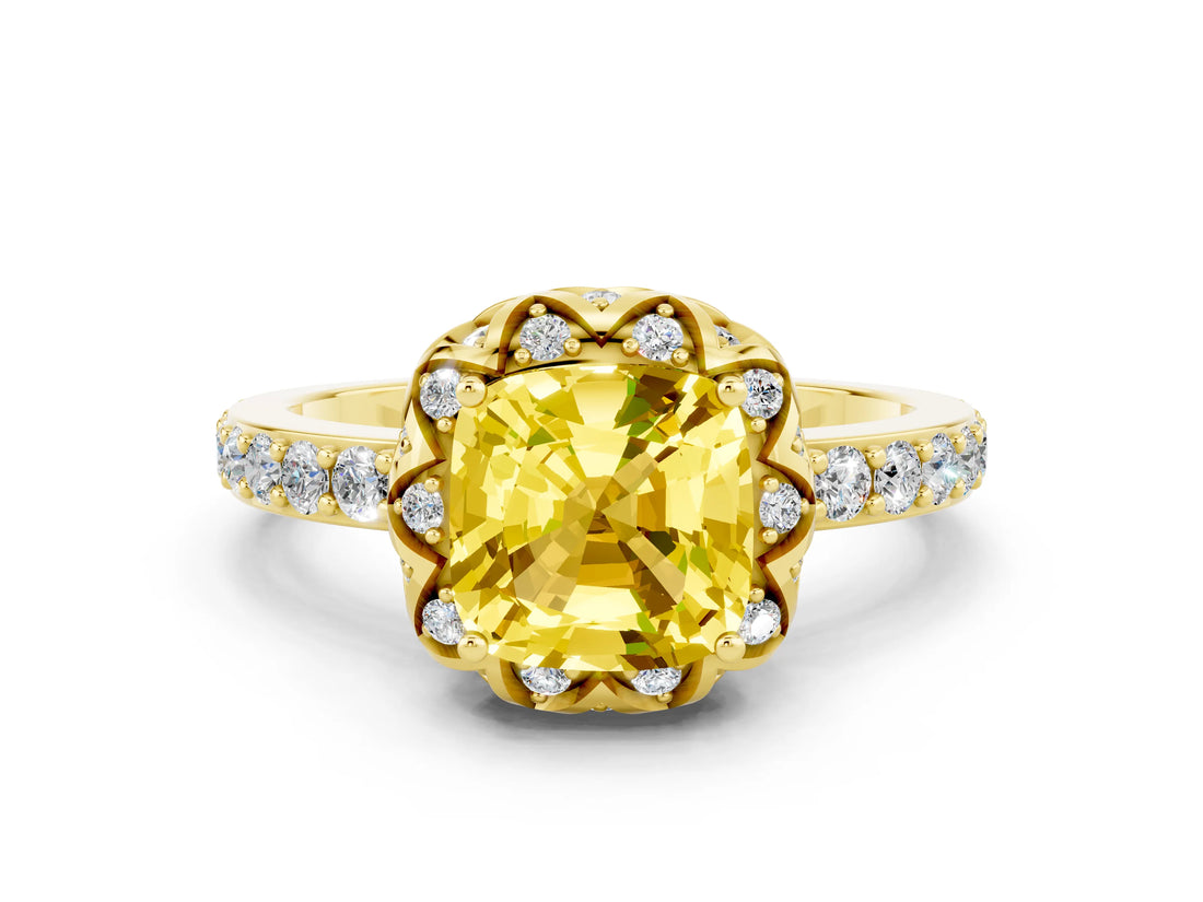 Yellow gold Cushion Cut Yellow Sapphire Scalloped Halo Engagement Ring with Round Shared Prong Band_24
