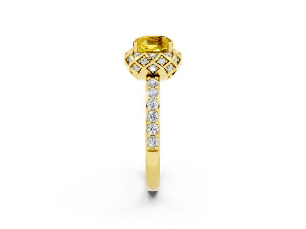 Yellow gold Cushion Cut Yellow Sapphire Scalloped Halo Engagement Ring with Round Shared Prong Band