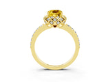 Yellow gold Cushion Cut Yellow Sapphire Scalloped Halo Engagement Ring with Round Shared Prong Band_27