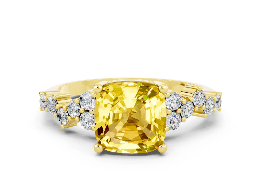 Yellow gold Cushion Cut Yellow Sapphire Scattered Round Accent Ring with Prong Setting_24