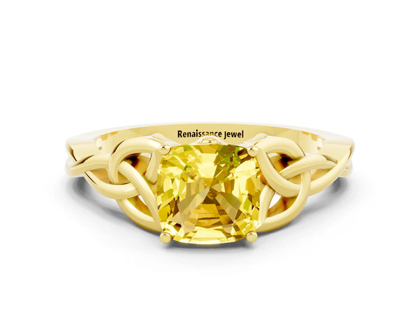 Yellow gold Cushion Cut Yellow Sapphire Solitaire Celtic Knot Ring with Four-Prong Setting