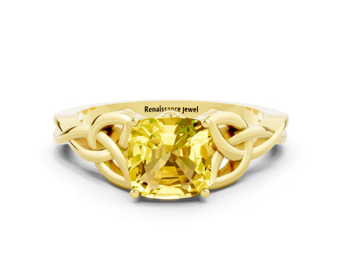 Yellow gold Cushion Cut Yellow Sapphire Solitaire Celtic Knot Ring with Four-Prong Setting_24