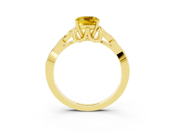 Yellow gold Cushion Cut Yellow Sapphire Solitaire Celtic Knot Ring with Four-Prong Setting