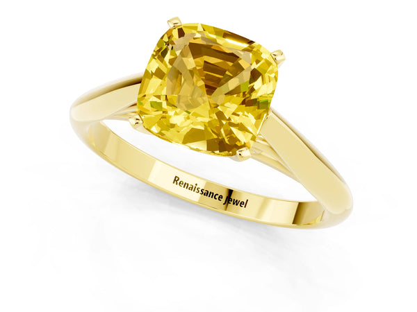 Yellow gold Cushion Cut Yellow Sapphire Solitaire Engagement Ring with Cathedral Setting and Four-Prong Mount
