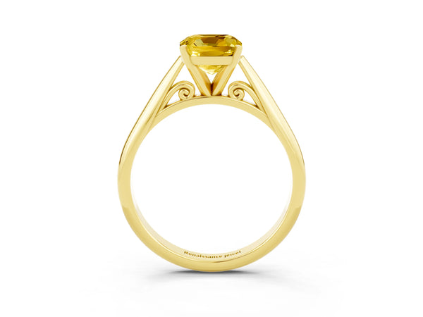 Yellow gold Cushion Cut Yellow Sapphire Solitaire Engagement Ring with Cathedral Setting and Four-Prong Mount