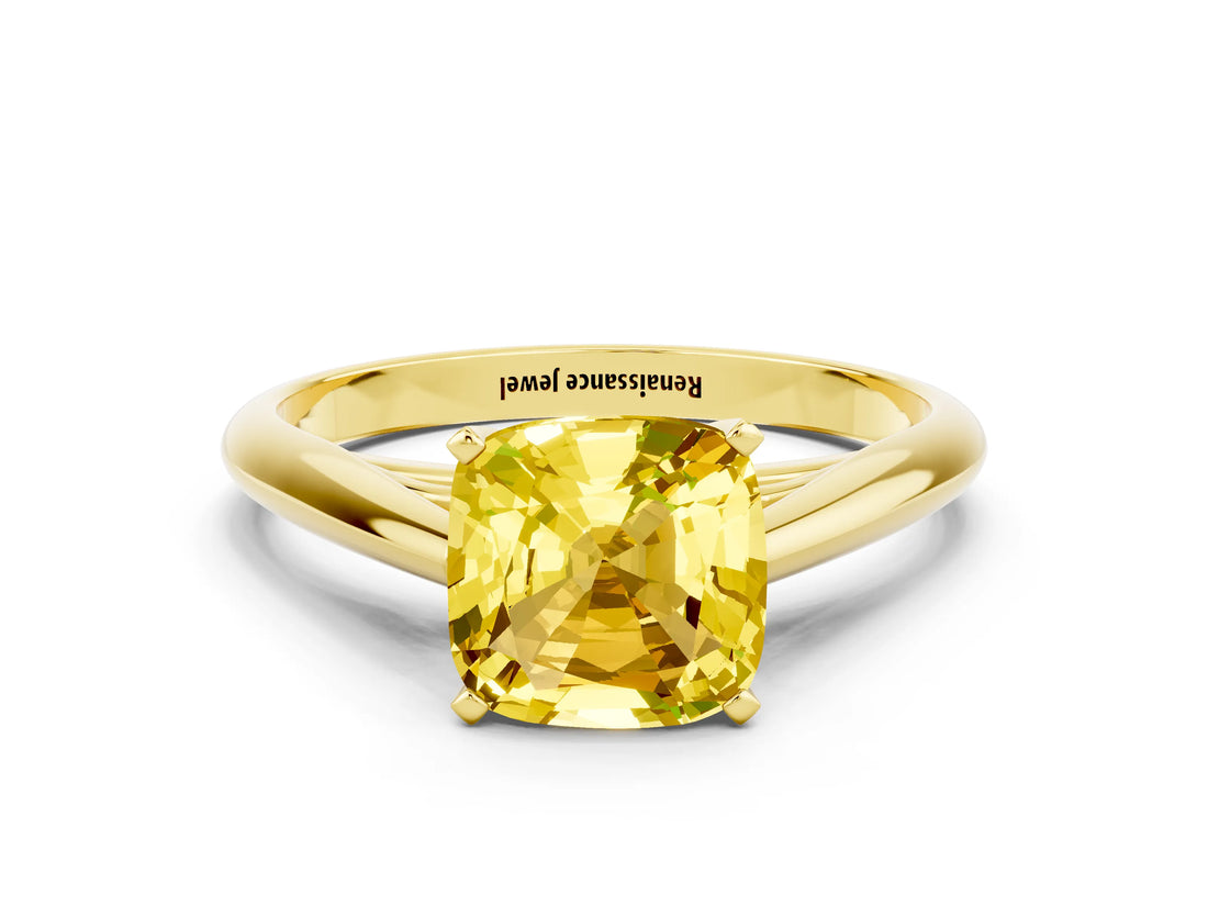 Yellow gold Cushion Cut Yellow Sapphire Solitaire Engagement Ring with Cathedral Setting and Four-Prong Mount_66