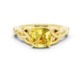 Yellow gold Cushion Cut Yellow Sapphire Solitaire Engagement Ring with Celtic Knot Band and Four-Prong Setting_24