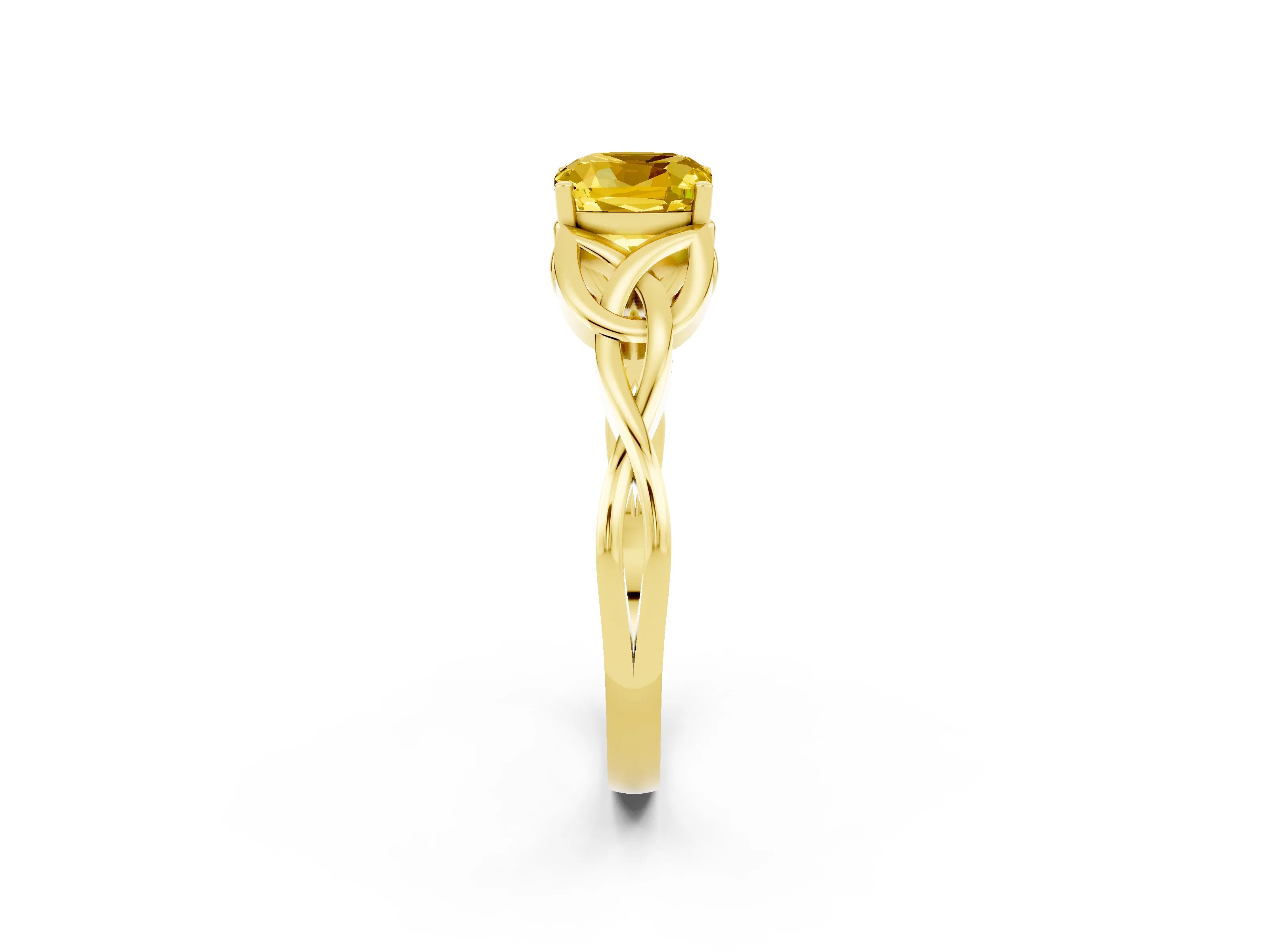 Yellow gold Cushion Cut Yellow Sapphire Solitaire Engagement Ring with Celtic Knot Band and Four-Prong Setting_26