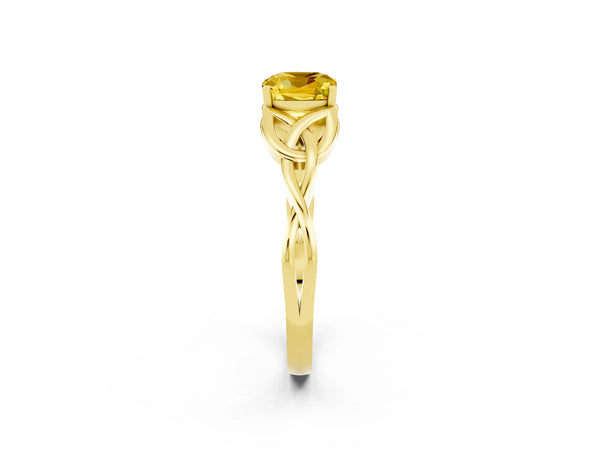 Yellow gold Cushion Cut Yellow Sapphire Solitaire Engagement Ring with Celtic Knot Band and Four-Prong Setting