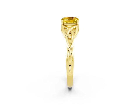 Yellow gold Cushion Cut Yellow Sapphire Solitaire Engagement Ring with Celtic Knot Band and Four-Prong Setting_26