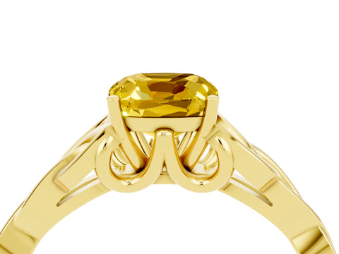 Yellow gold Cushion Cut Yellow Sapphire Solitaire Engagement Ring with Celtic Knot Band and Four-Prong Setting_28